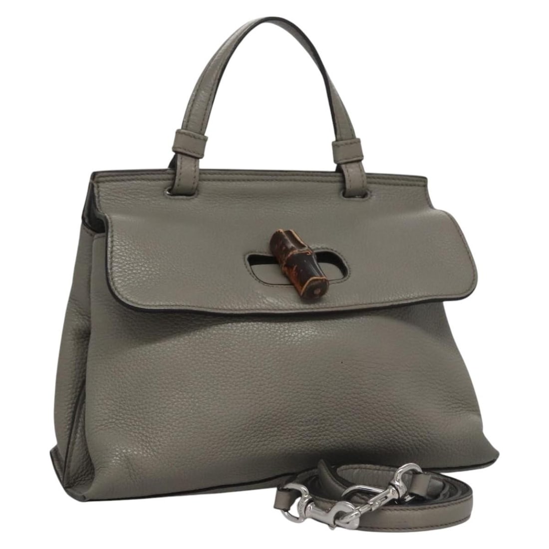 Gucci Bamboo gray leather shoulder bag 370831 with strap: Gucci Bamboo gray leather shoulder bag 370831 with strap This GUCCI Bamboo Hand Bag features a versatile 2-way design crafted from gray and silver leather. The bag includes both a top handle and a det