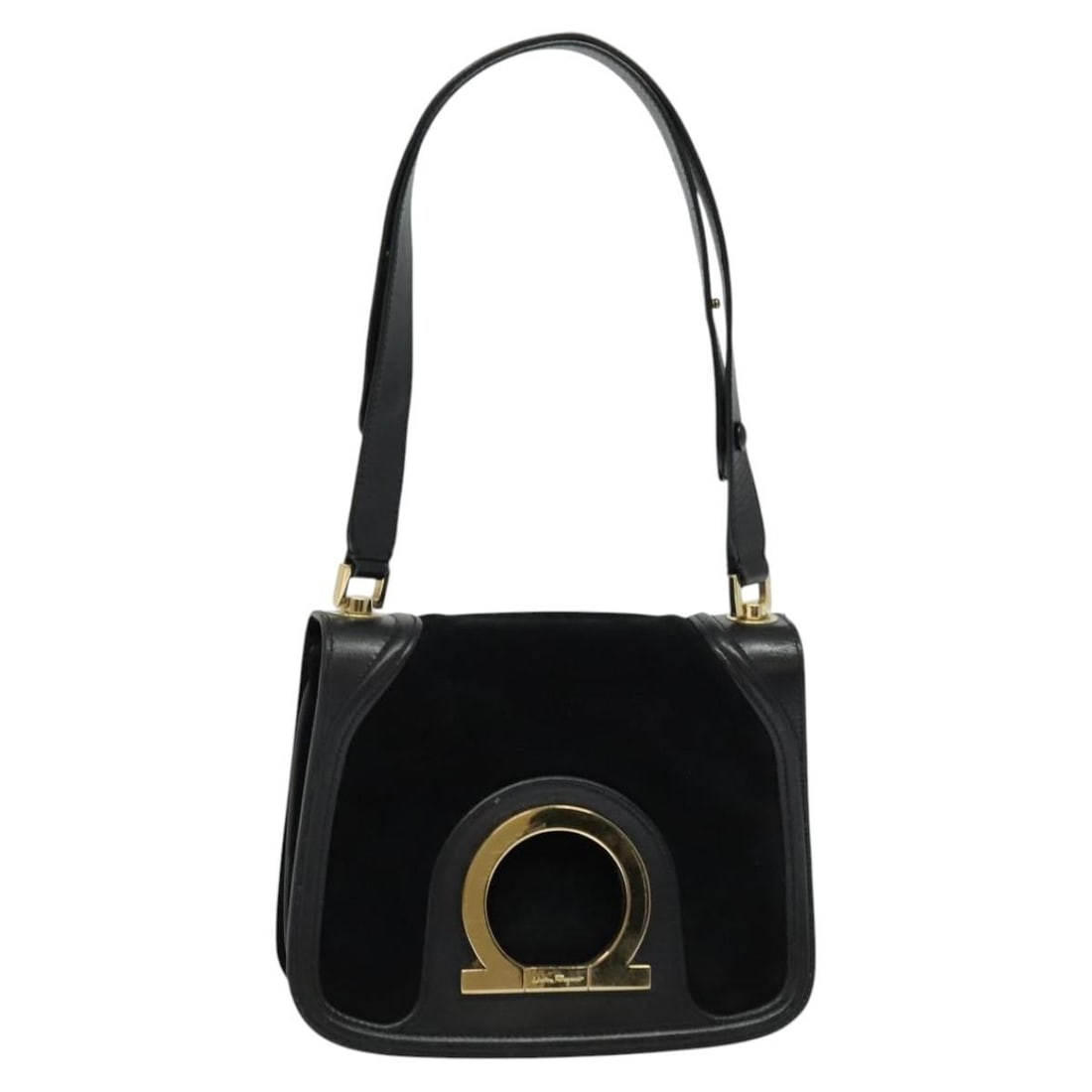 Black Suede Gancini Chain Shoulder Bag by Salvatore Ferragamo: Black Suede Gancini Chain Shoulder Bag by Salvatore Ferragamo This Salvatore Ferragamo Gancini chain shoulder bag features a black suede exterior with gold-tone accents. Designed for women, it offers 