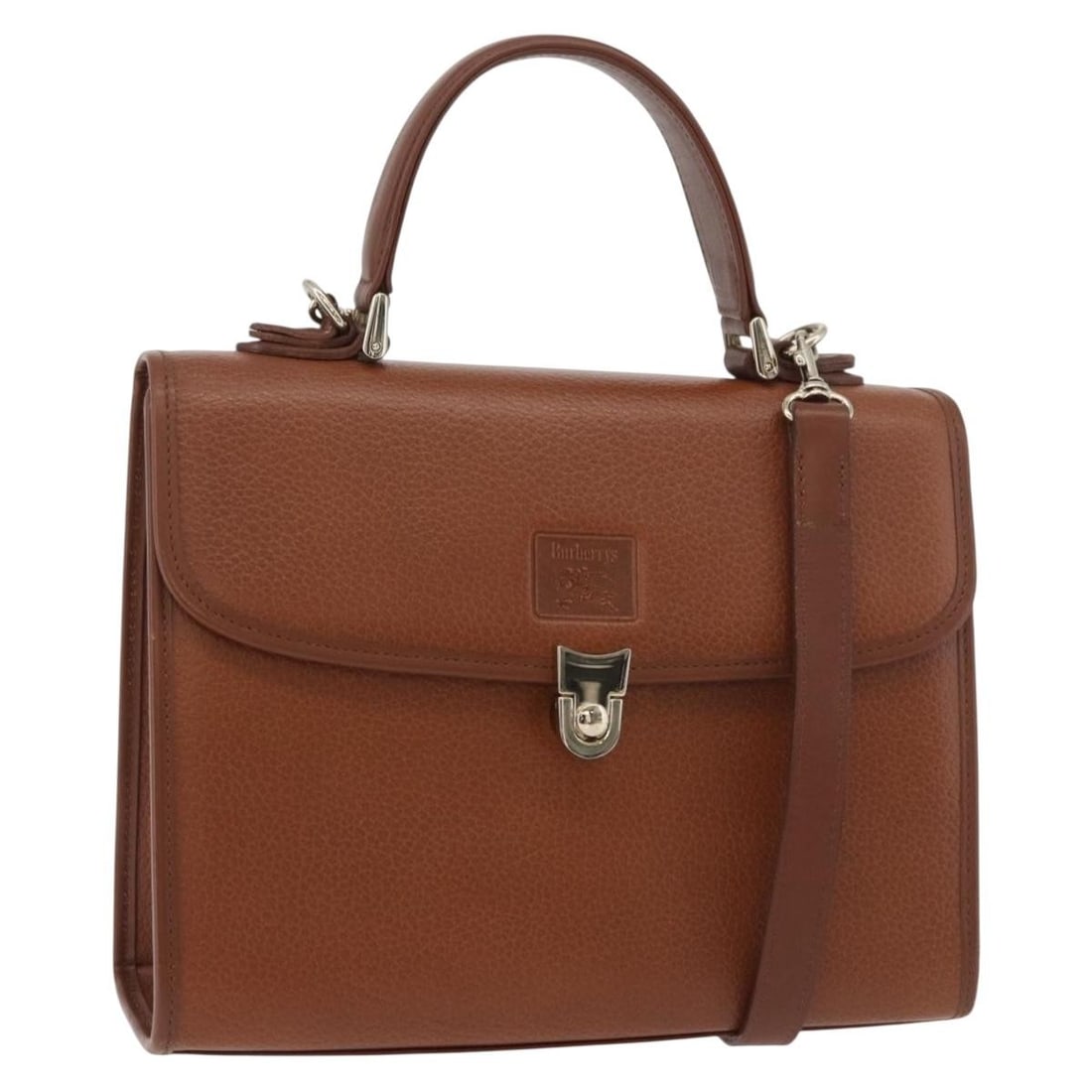 Burberrys Leather Brown Silver Handbag with Shoulder Strap: Burberrys Leather Brown Silver Handbag with Shoulder Strap This Burberrys handbag is crafted from brown leather with silver-tone accents and offers versatile carrying options with both top handles and