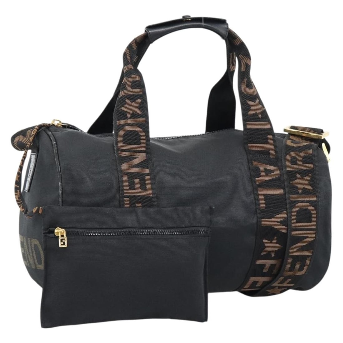 Fendi Canvas 2way Handbag Black Gold with Strap and Pouch: Fendi Canvas 2way Handbag Black Gold with Strap and Pouch FENDI 2-way handbag in black and gold canvas with a structured design and versatile carry options. Includes a shoulder strap and pouch. This w