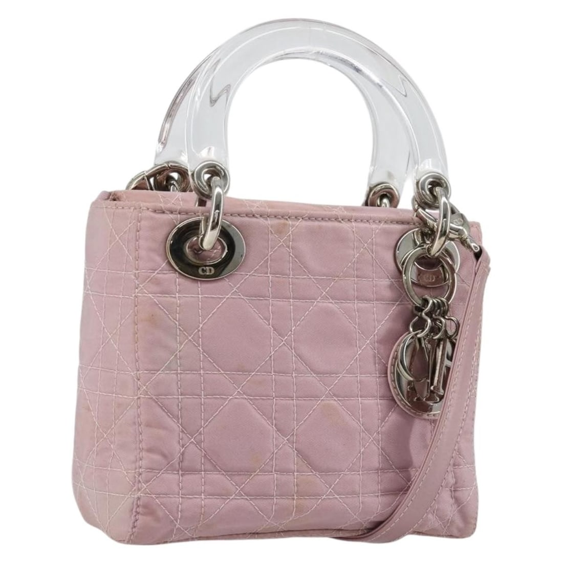 Christian Dior Lady Dior 2way Nylon Hand Bag Pink Silver Plastic Handle: Christian Dior Lady Dior 2way Nylon Hand Bag Pink Silver Plastic Handle Christian Dior Lady Dior Cannage hand bag in nylon with a pink and silver color scheme. It is a 2-way style and comes with a dus
