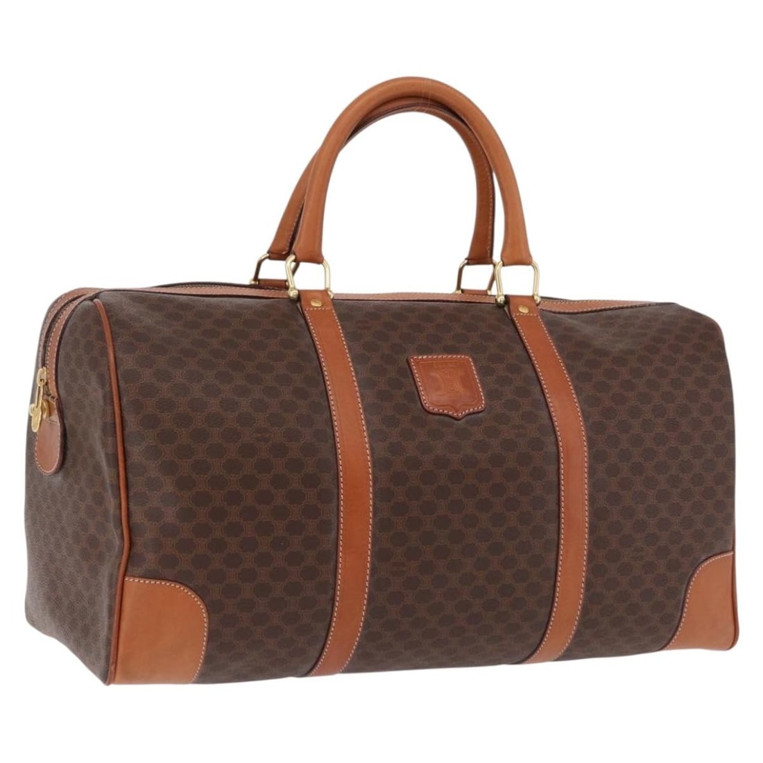 Celine Macadam Boston Bag Brown PVC Leather Gold Tone Hardware: Celine Macadam Boston Bag Brown PVC Leather Gold Tone Hardware A CELINE Boston bag in brown and gold, made from PVC leather and Macadam canvas. It features a roomy structured silhouette and was made i