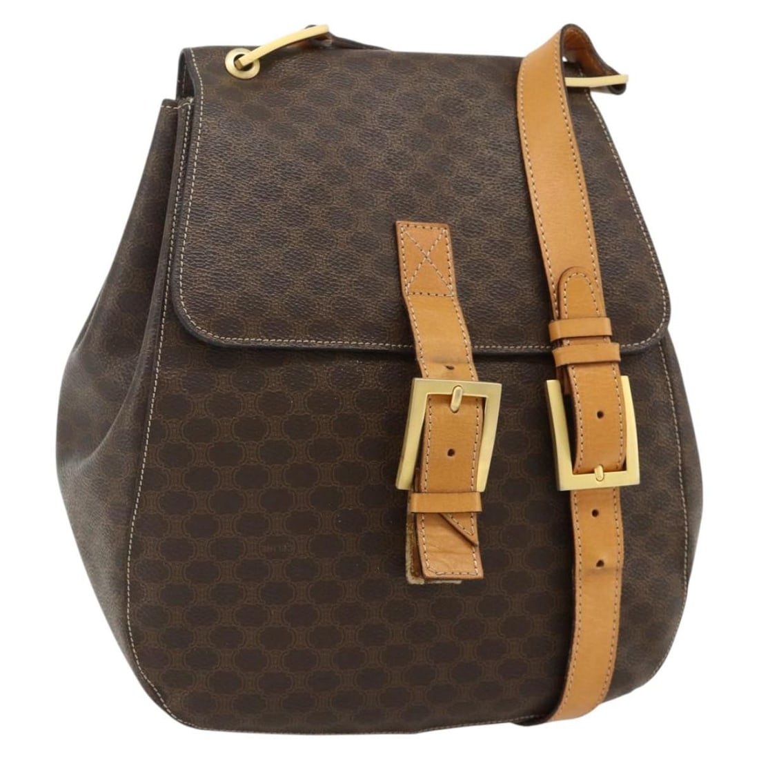 Celine Macadam Shoulder Bag Brown PVC Leather Gold Tone Hardware: Celine Macadam Shoulder Bag Brown PVC Leather Gold Tone Hardware A CELINE shoulder bag in brown and gold, crafted from PVC leather and Macadam canvas. It features a shoulder drop of approximately 50 t