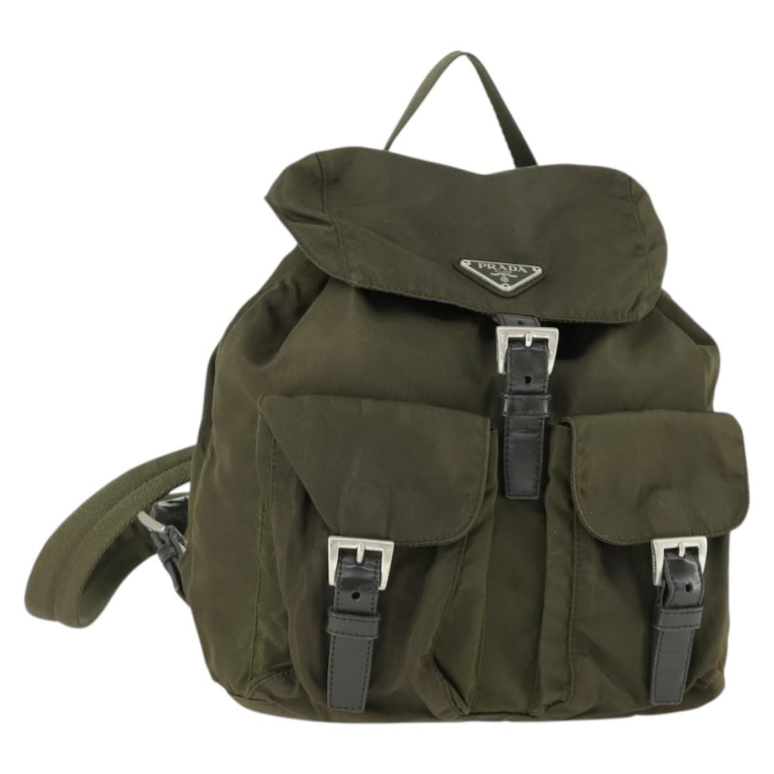 PRADA Khaki Nylon Backpack Silver Tone Made in Italy: PRADA Khaki Nylon Backpack Silver Tone Made in Italy Authentic Prada women's backpack in khaki nylon with silver-tone accents, made in Italy. This compact backpack shows heavy use, with visible wear i