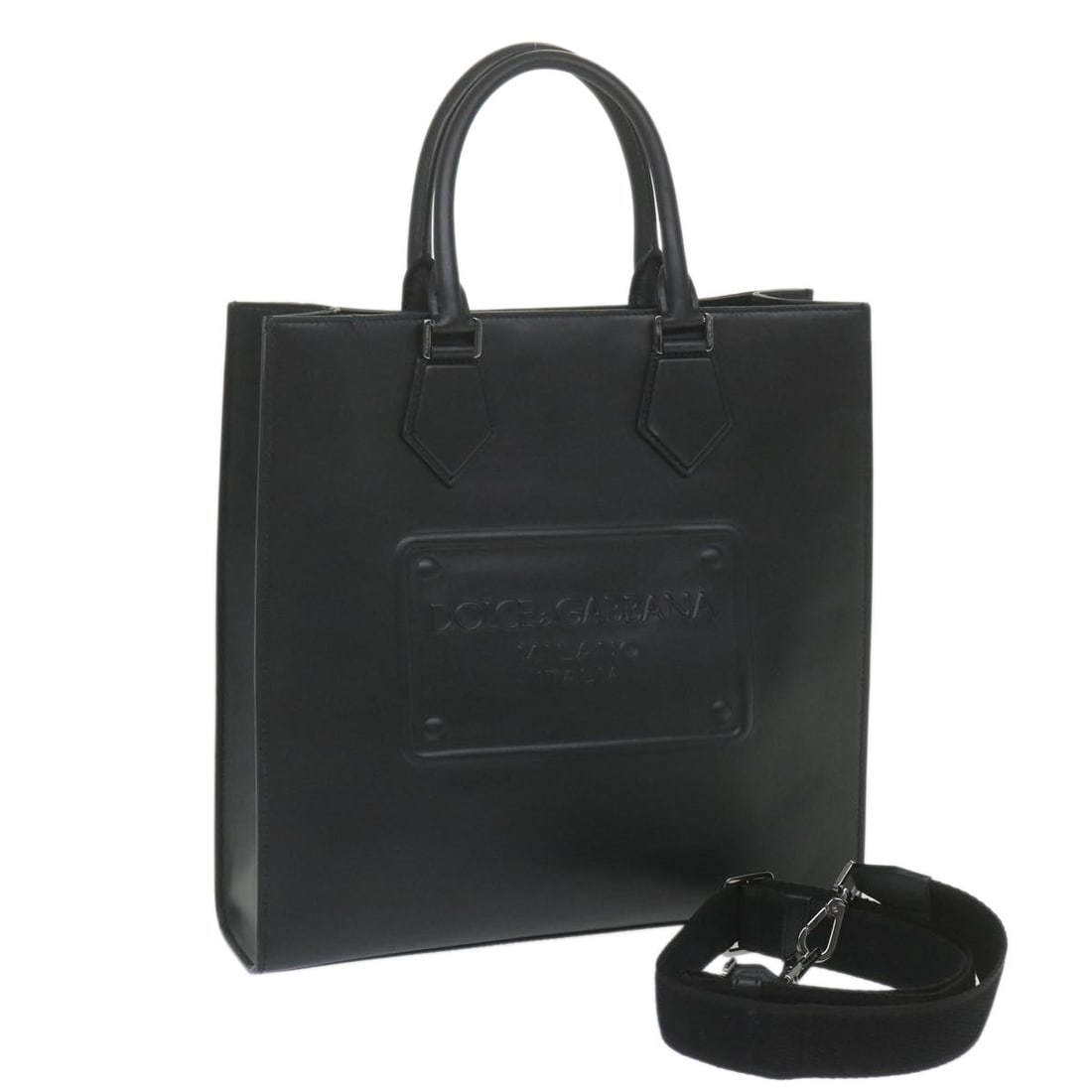 Dolce and Gabbana black leather 2way tote with shoulder strap: Dolce and Gabbana black leather 2way tote with shoulder strap Black Dolce&Gabbana tote bag in leather with a 2-way design and an included shoulder strap. Made in Italy, it features a spacious silhouet