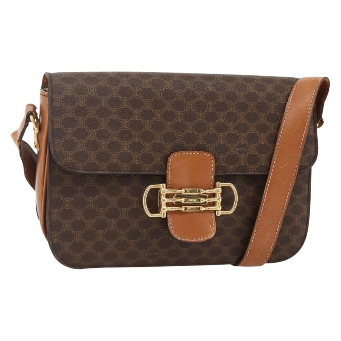 Celine Horsebit Macadam Canvas and PVC Leather Shoulder Bag Brown Gold: Celine Horsebit Macadam Canvas and PVC Leather Shoulder Bag Brown Gold A brown and gold CELINE shoulder bag crafted from PVC leather and Macadam canvas. It features a horsebit design, was made in Ital