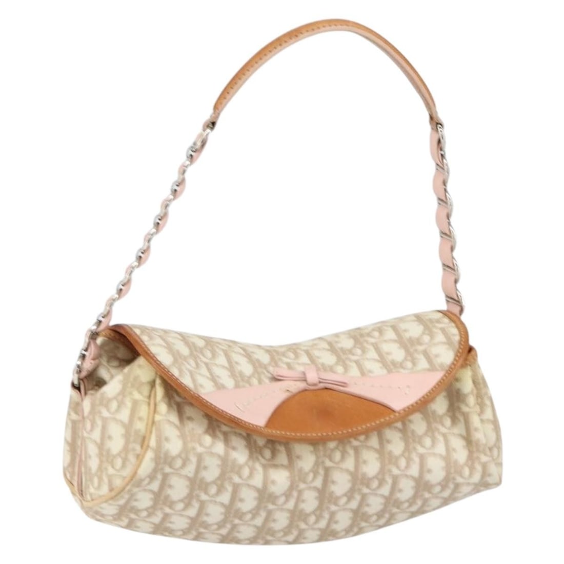 Christian Dior Romantic Shoulder Bag Trotter Canvas PVC Beige Silver: Christian Dior Romantic Shoulder Bag Trotter Canvas PVC Beige Silver A Christian Dior shoulder bag in beige and silver, crafted from PVC leather and Trotter canvas. Made in Italy, it features a should