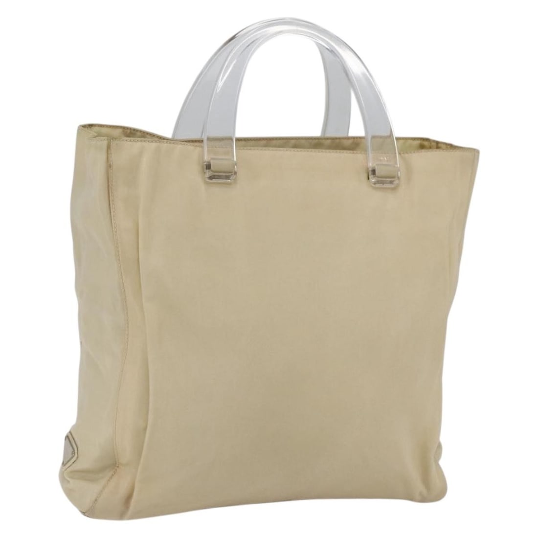 Prada beige clear nylon handbag Italy 11.8 inch: Prada beige clear nylon handbag Italy 11.8 inch This PRADA women's handbag features a beige and clear nylon exterior, offering a modern and versatile look. Made in Italy, the bag is designed with a pr