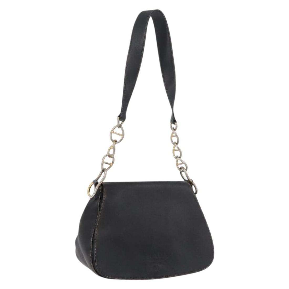 PRADA Leather Shoulder Bag Black with Gold Chain Strap: PRADA Leather Shoulder Bag Black with Gold Chain Strap A PRADA chain shoulder bag in black and gold leather, made in Italy. The bag measures approximately 27 cm W x 20 cm H x 10 cm D, with a shoulder 