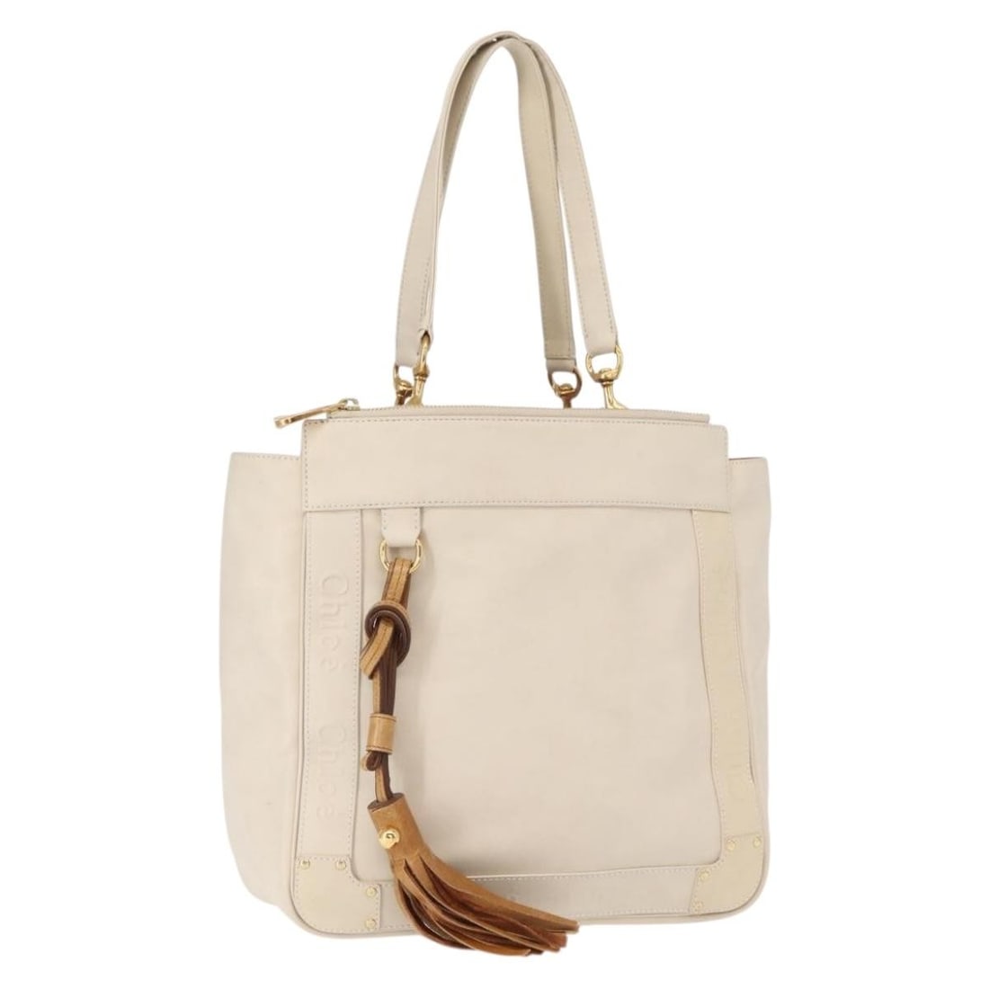 Chloe Eden Leather Tote Bag White Gold Auth TH6490: Chloe Eden Leather Tote Bag White Gold Auth TH6490 Introducing the Chloe Eden Tote Bag, a luxurious accessory crafted from high-quality leather in an elegant white and gold color scheme. This stylish 