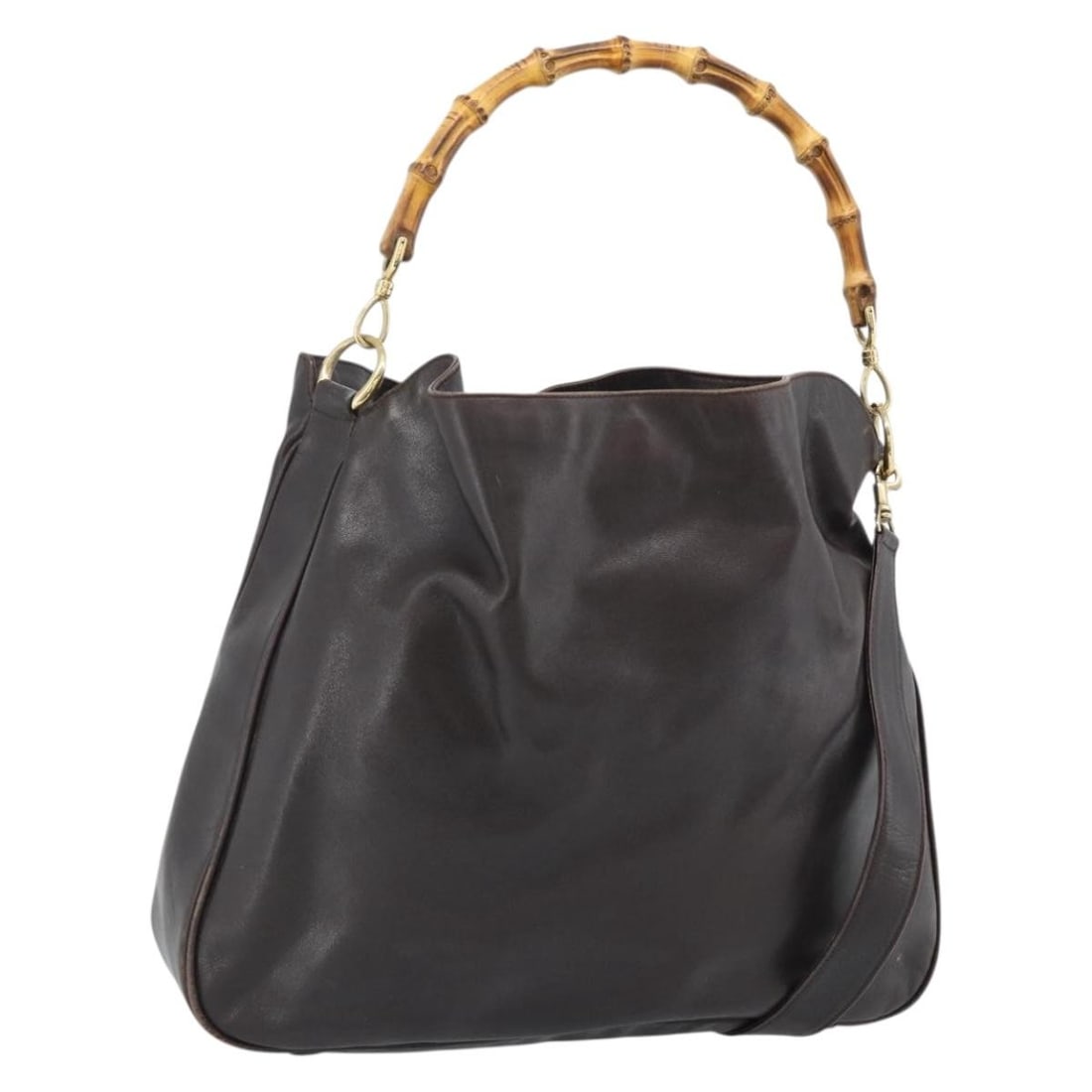 Gucci 001 2852 1577 Brown Leather 2way Bamboo Shoulder Bag: Gucci 001 2852 1577 Brown Leather 2way Bamboo Shoulder Bag Gucci Bamboo Shoulder Bag in leather with a brown and gold color scheme. This 2-way style includes a shoulder strap and is made in Italy. The
