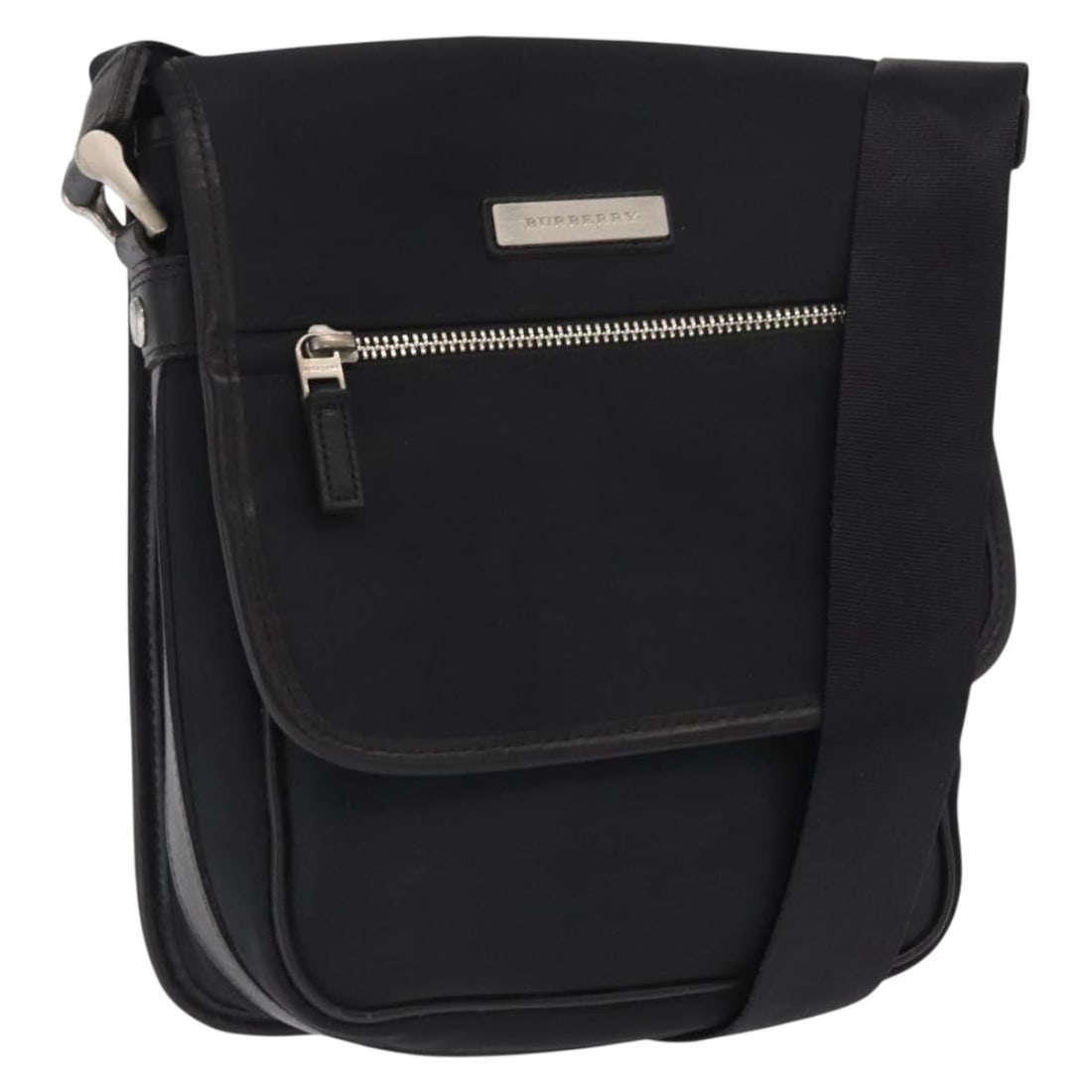 Burberry Nylon Shoulder Bag in Black with Silver Tone: Burberry Nylon Shoulder Bag in Black with Silver Tone A black and silver shoulder bag by Burberry, made from nylon. It features a shoulder strap with an approximate drop of 42 to 62 cm (16.5 to 24.4 i