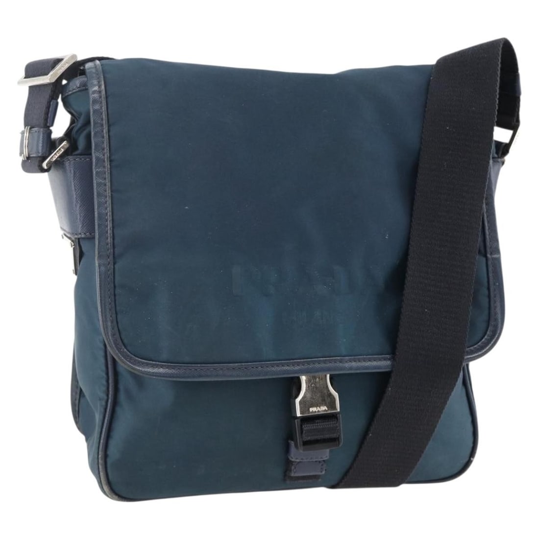 PRADA Navy Nylon Shoulder Bag Silver Tone Italy: PRADA Navy Nylon Shoulder Bag Silver Tone Italy This PRADA shoulder bag features a navy and silver nylon exterior, offering a stylish and practical accessory for everyday use. Designed for women, the 