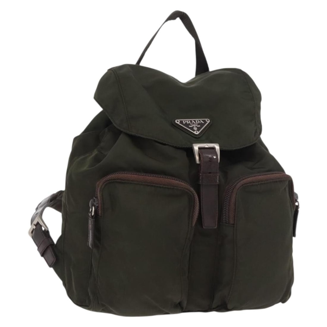 Prada Khaki Nylon Backpack with Silver Tone Hardware: Prada Khaki Nylon Backpack with Silver Tone Hardware PRADA backpack in khaki and silver nylon, made in Italy. The bag measures approximately 24 cm wide, 26 cm high, and 12 cm deep, with an approximate