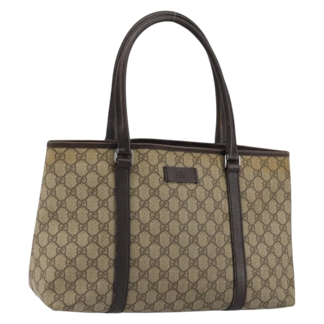 Gucci 114595 GG Supreme PVC Leather Tote in Beige Silver: Gucci 114595 GG Supreme PVC Leather Tote in Beige Silver Authentic Gucci GG Supreme tote bag in beige and silver with PVC leather and GG canvas construction. This women's tote is made in Italy and has