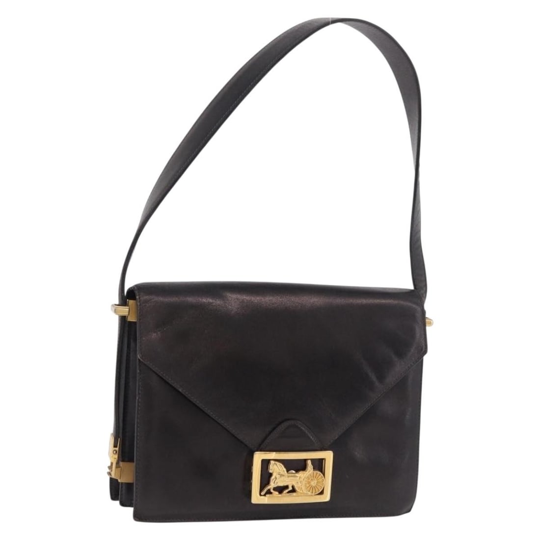 Celine Horse Carriage Leather Shoulder Bag Black Gold Tone Italy: Celine Horse Carriage Leather Shoulder Bag Black Gold Tone Italy A CELINE Horse Carriage shoulder bag in black with gold-tone accents, crafted from leather and made in Italy. It measures approximately