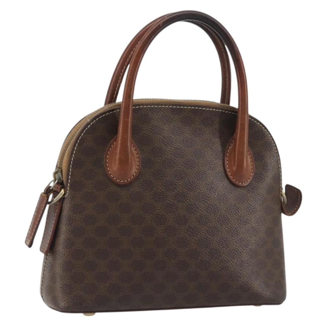 CELINE Macadam Brown PVC Leather Hand Bag Gold Tone Italy: CELINE Macadam Brown PVC Leather Hand Bag Gold Tone Italy CELINE hand bag in brown and gold tone PVC leather with Macadam canvas details. Made in Italy, this women's bag features a handle drop of appr