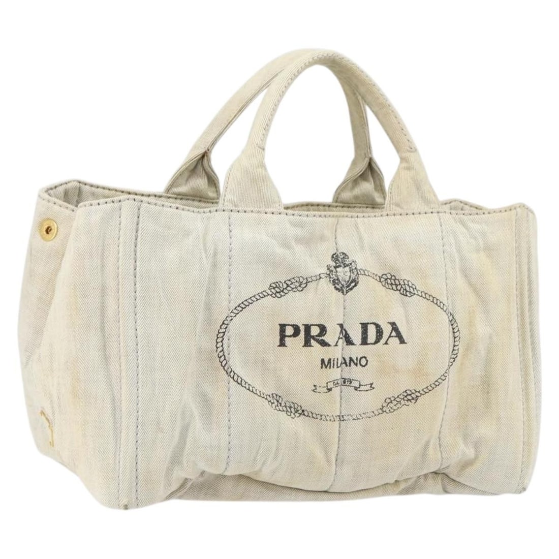 PRADA Canapa MM Gray Gold Canvas Hand Bag Italy Auth 151445: PRADA Canapa MM Gray Gold Canvas Hand Bag Italy Auth 151445 The PRADA Canapa MM Hand Bag in a chic gray and gold design is a stylish accessory crafted from durable canvas. This hand bag measures appro