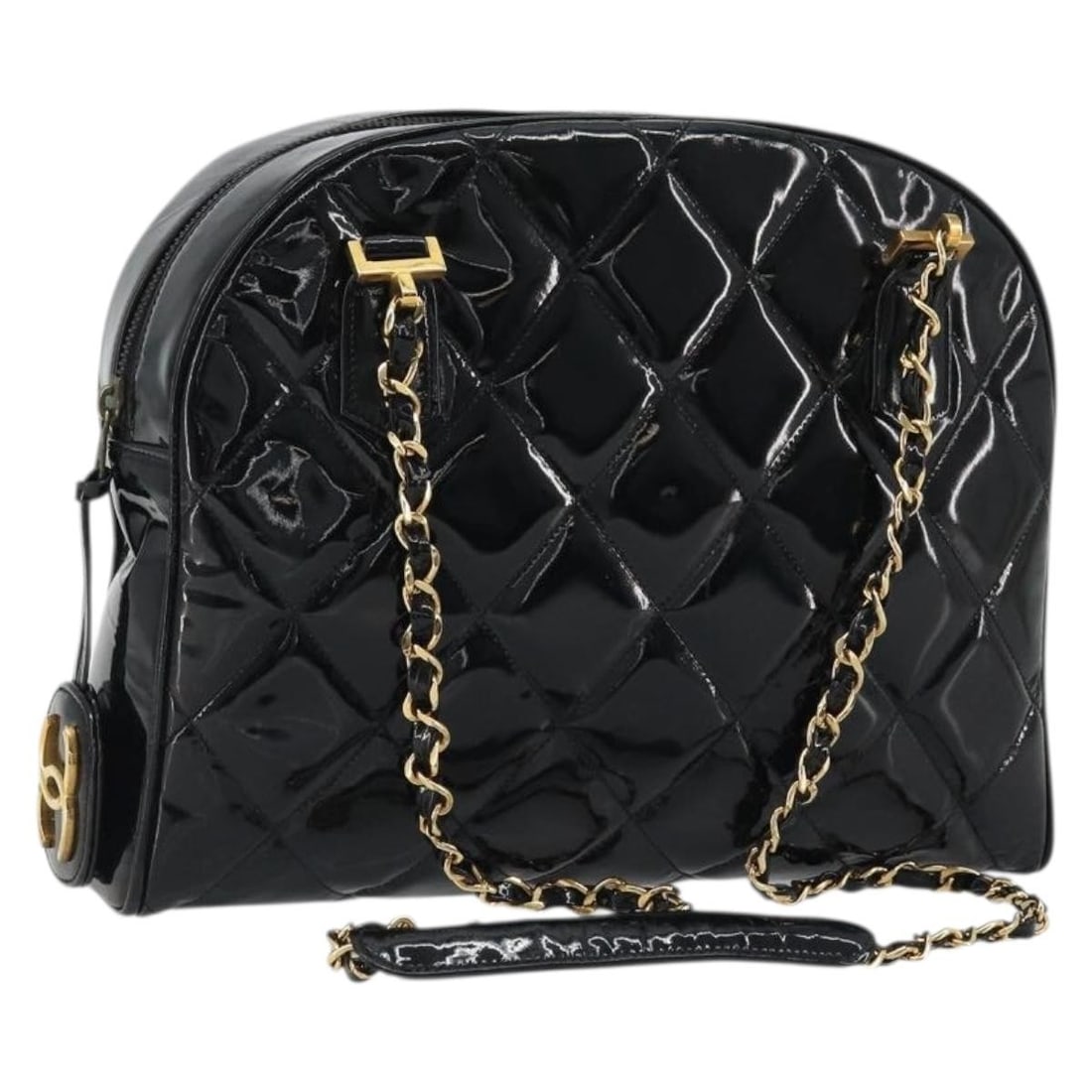 Chanel Matelasse Patent Leather Shoulder Bag Black Gold CC: Chanel Matelasse Patent Leather Shoulder Bag Black Gold CC A CHANEL Matelasse chain shoulder bag in black patent leather with gold-tone accents. Made in Italy, this shoulder bag measures approximately