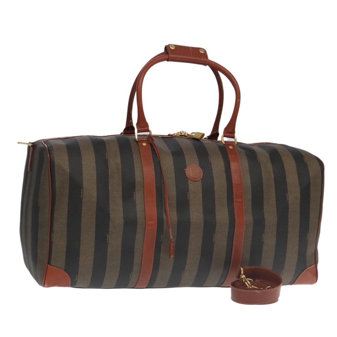Fendi Pequin Canvas Boston Bag Brown Black Gold Two Way with Strap and Padlock: Fendi Pequin Canvas Boston Bag Brown Black Gold Two Way with Strap and Padlock This FENDI Boston Bag features the iconic Pequin canvas in a brown, black, and gold colorway. Designed for women, it offe