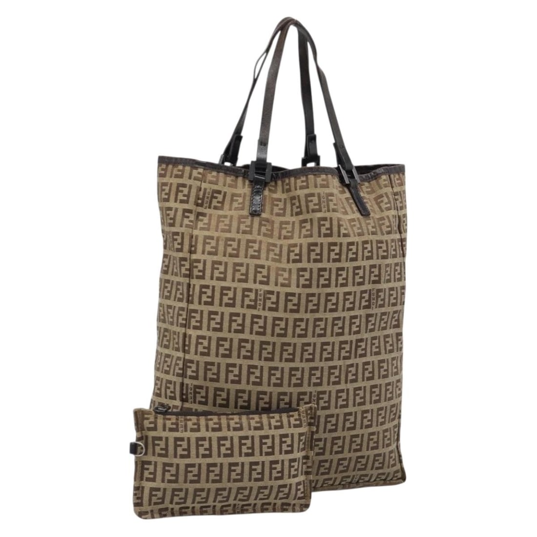 FENDI Beige Silver Zucchino Canvas Handbag with Pouch: FENDI Beige Silver Zucchino Canvas Handbag with Pouch Fendi hand bag in beige and silver Zucchino canvas, made in Italy. It includes a pouch accessory and has an approximate size of W23 cm x H31 cm x 