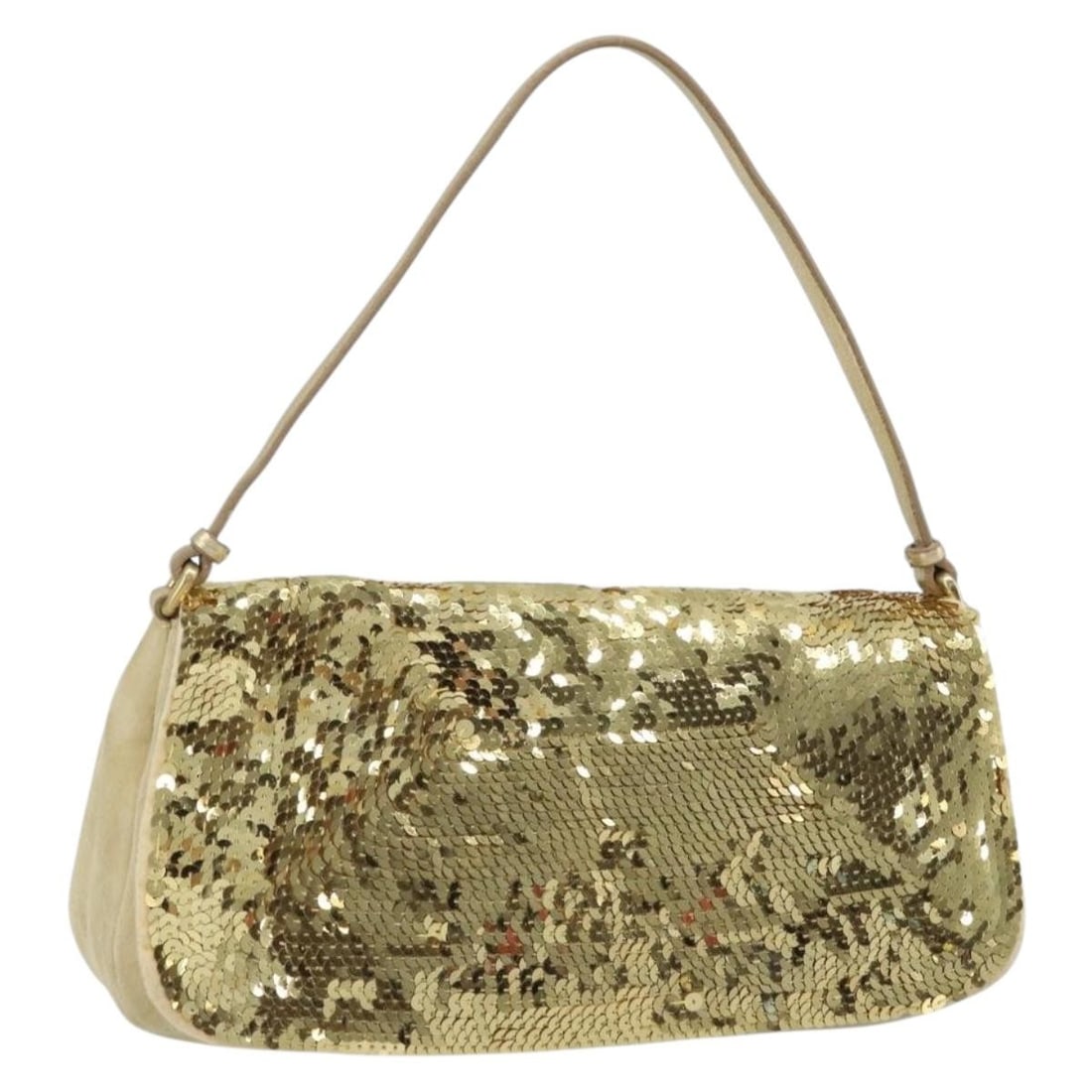 Miu Miu Gold Tone Sequin Suede Shoulder Bag for Women: Miu Miu Gold Tone Sequin Suede Shoulder Bag for Women This Miu Miu shoulder bag features a gold tone sequin exterior crafted from suede, designed for women. Made in Italy, the bag has a structured sil