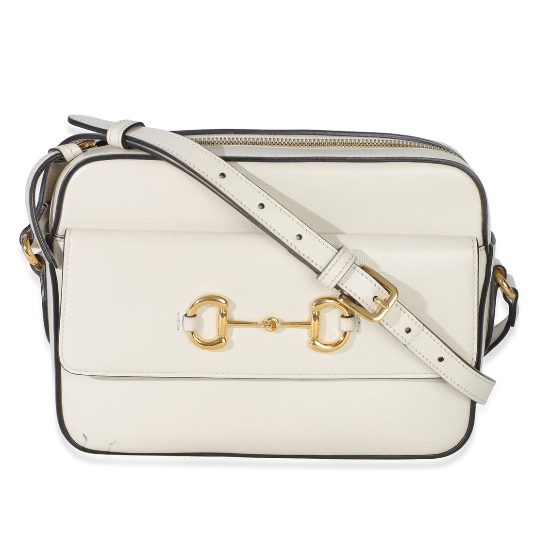 Gucci White Textured Calfskin Horsebit 1955 Shoulder Bag: Gucci White Textured Calfskin Horsebit 1955 Shoulder Bag This Gucci White Textured Calfskin Small Horsebit 1955 Shoulder Bag features a sleek white leather exterior complemented by gold-tone hardware.