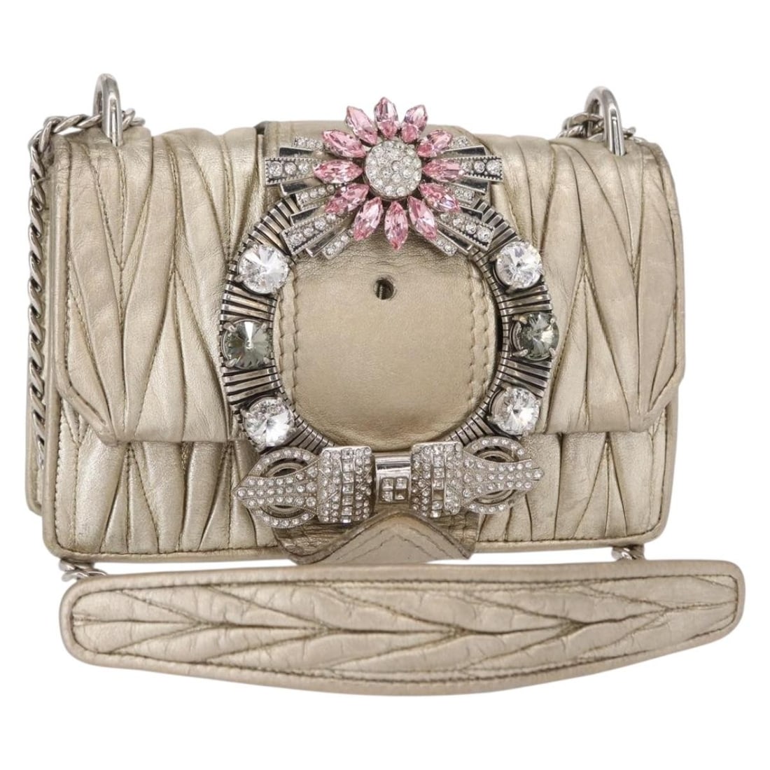 Miu Miu Matelasse Leather Shoulder Bag Champagne Gold Silver Italy: Miu Miu Matelasse Leather Shoulder Bag Champagne Gold Silver Italy This Miu Miu Matelasse Chain Shoulder Bag is a stylish accessory crafted from premium leather, featuring a chic champagne gold and si