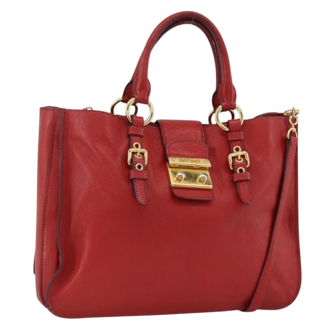 Miu Miu Red Gold Leather Shoulder Bag with Strap: Miu Miu Red Gold Leather Shoulder Bag with Strap This Miu Miu Madras handbag is crafted from red and gold leather and offers versatile carrying options with both a top handle and a detachable shoulder