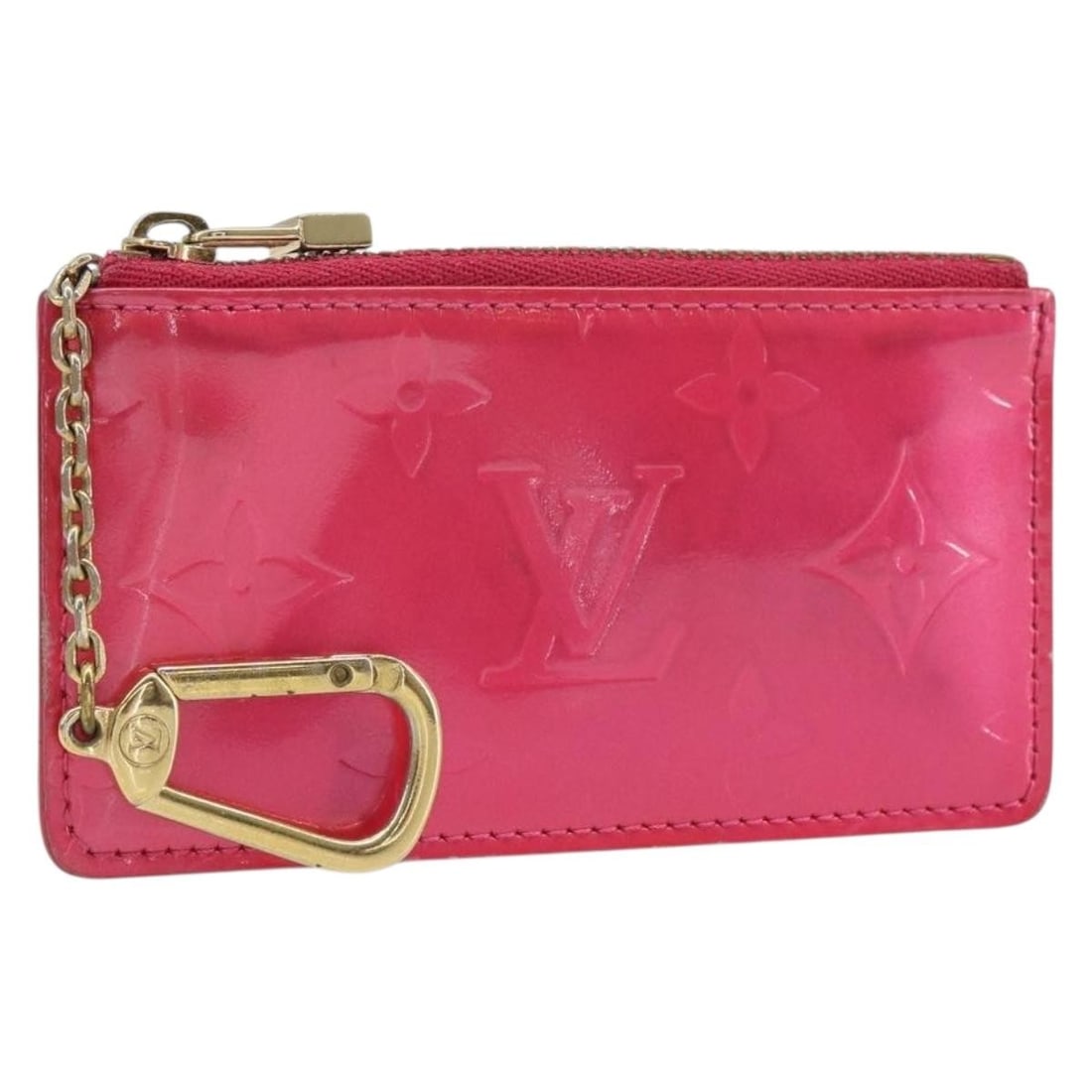Fuchsia Patent Leather Vernis Pochette Cles Coin Purse by Louis Vuitton: Fuchsia Patent Leather Vernis Pochette Cles Coin Purse by Louis Vuitton This Louis Vuitton Vernis Pochette Cles coin purse features a striking fuchsia pink patent leather exterior. Designed for women,