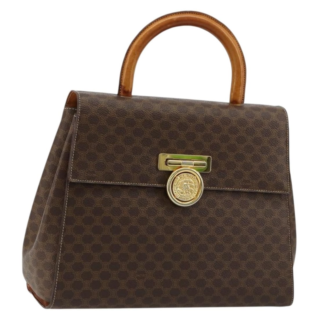 CELINE Macadam Medallion Handbag Brown PVC Leather Gold Tone: CELINE Macadam Medallion Handbag Brown PVC Leather Gold Tone CELINE hand bag in PVC leather and Macadam canvas, presented in brown and gold. Made in Italy, this women's bag features a structured size 
