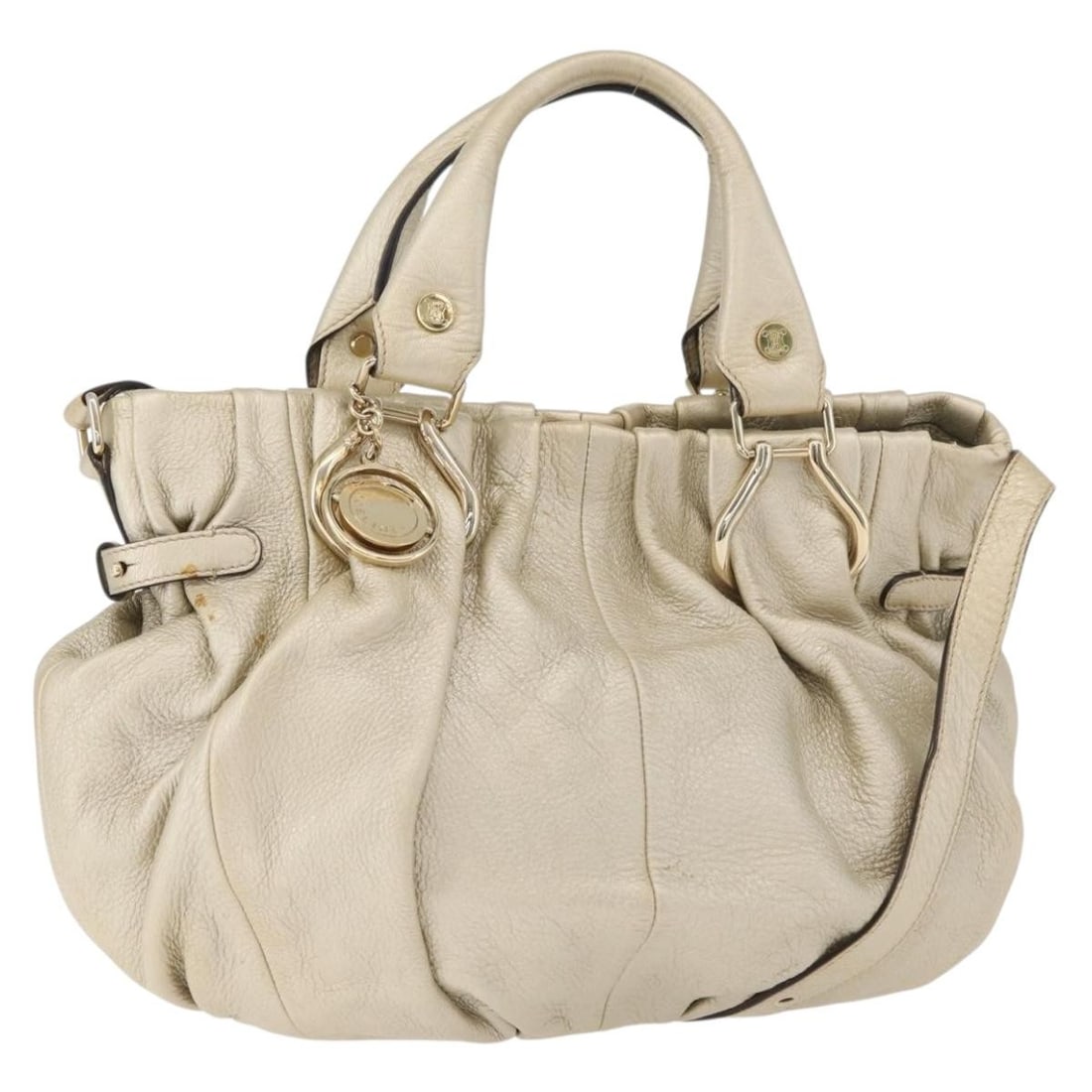 CELINE Leather 2way Handbag Gold with Shoulder Strap Charm: CELINE Leather 2way Handbag Gold with Shoulder Strap Charm Celine 2-way leather handbag in gold with a structured design and versatile carry options. Includes a shoulder strap and charm. This women's 