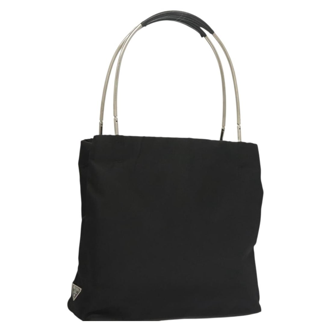 Italy Made PRADA Nylon Hand Bag Black Silver with Dust Bag: Italy Made PRADA Nylon Hand Bag Black Silver with Dust Bag PRADA women's hand bag made in Italy from nylon in black and silver. It features a handle drop of approximately 18 cm and comes with a dust b