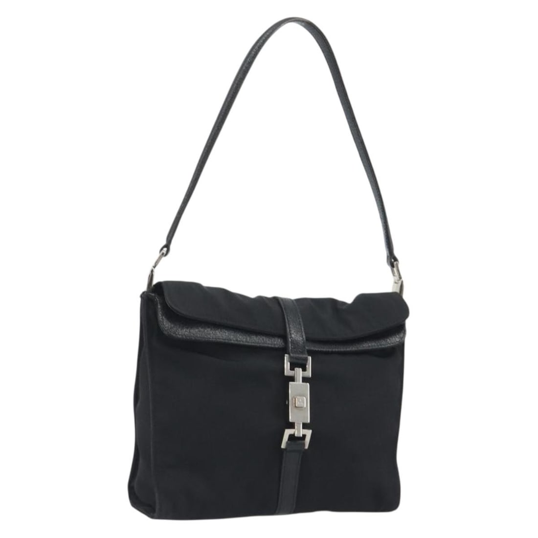 Black Canvas Gucci Hand Bag Silver Tone 001 3734: Black Canvas Gucci Hand Bag Silver Tone 001 3734 Gucci hand bag in black and silver canvas, made in Italy. The bag features a compact shape with a handle drop of 21 cm (8.3 in). It is offered as the i