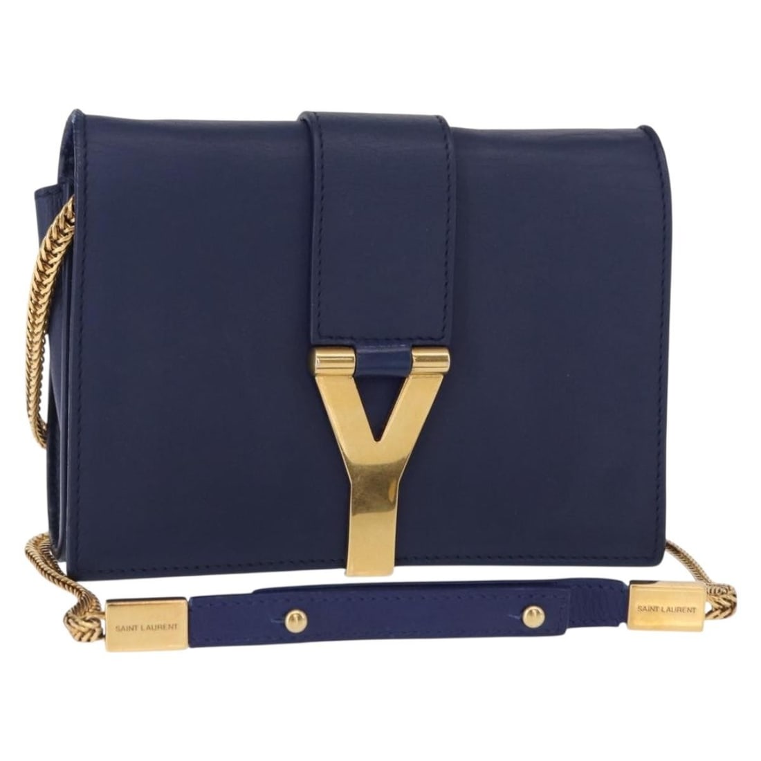 Saint Laurent Y Line Small Leather Shoulder Bag Blue Gold Italy: Saint Laurent Y Line Small Leather Shoulder Bag Blue Gold Italy Saint Laurent Y Line Chain Satchel small shoulder bag in blue and gold leather. Made in Italy, it comes with a guarantee card. The bag s