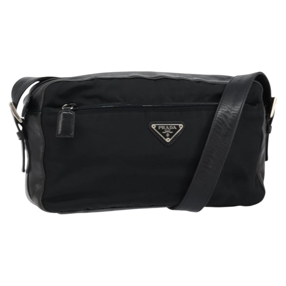 PRADA Black Nylon Shoulder Bag with Leather Trim Dust Bag Card: PRADA Black Nylon Shoulder Bag with Leather Trim Dust Bag Card A Prada shoulder bag in black with silver-tone details, made from nylon with leather trim. This Italy-made bag comes with a dust bag and 