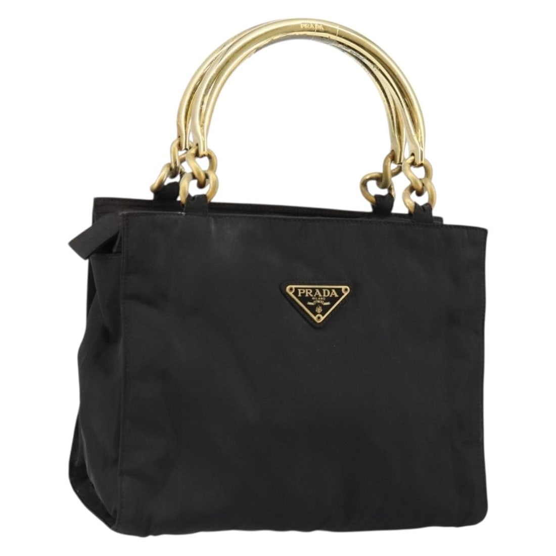 Authentic PRADA Black Nylon Hand Bag with Gold Accents: Authentic PRADA Black Nylon Hand Bag with Gold Accents This PRADA hand bag combines luxury with practicality, crafted from durable black nylon, accented with gold details. Measuring approximately 9.8 