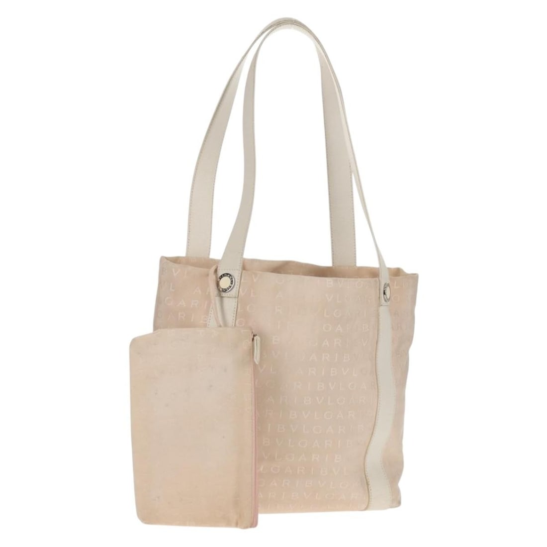 Bvlgari Beige Canvas and Leather Tote with Logo Mania and Pouch: Bvlgari Beige Canvas and Leather Tote with Logo Mania and Pouch This BVLGARI Logo Mania tote bag features a beige and silver canvas exterior with leather trim. The bag is equipped with dual handles an