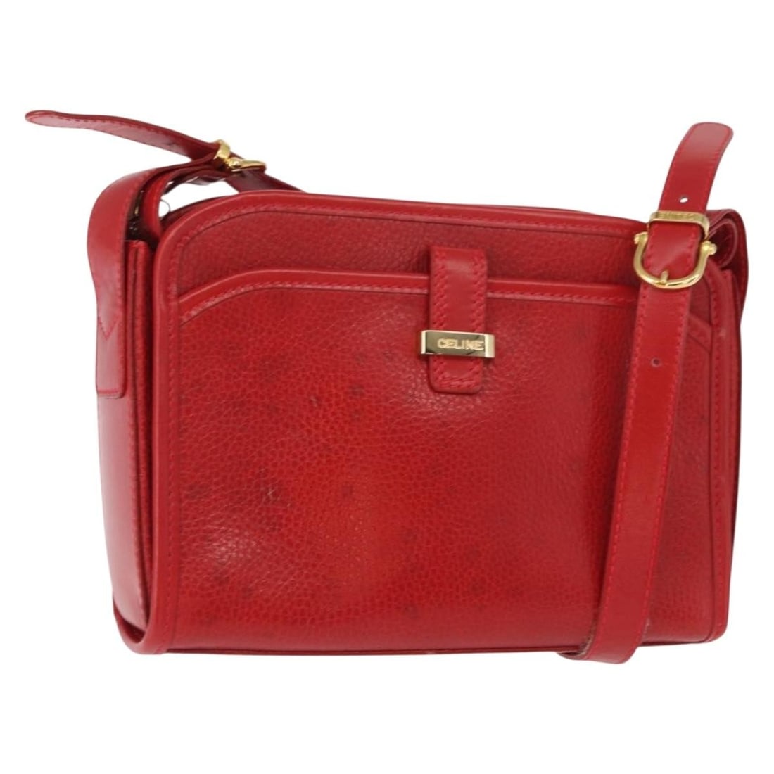 Red Leather CELINE Shoulder Bag with Gold Accents Made in Italy: Red Leather CELINE Shoulder Bag with Gold Accents Made in Italy This CELINE shoulder bag is crafted from red leather with gold-tone accents and was made in Italy. The bag features a structured silhoue