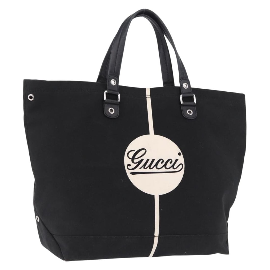 Gucci 194465 Black Canvas Tote Bag Silver Tone Italy: Gucci 194465 Black Canvas Tote Bag Silver Tone Italy GUCCI tote bag in black and silver canvas, made in Italy. The bag measures approximately W42 cm x H40 cm x D20 cm, with a handle drop of approximat