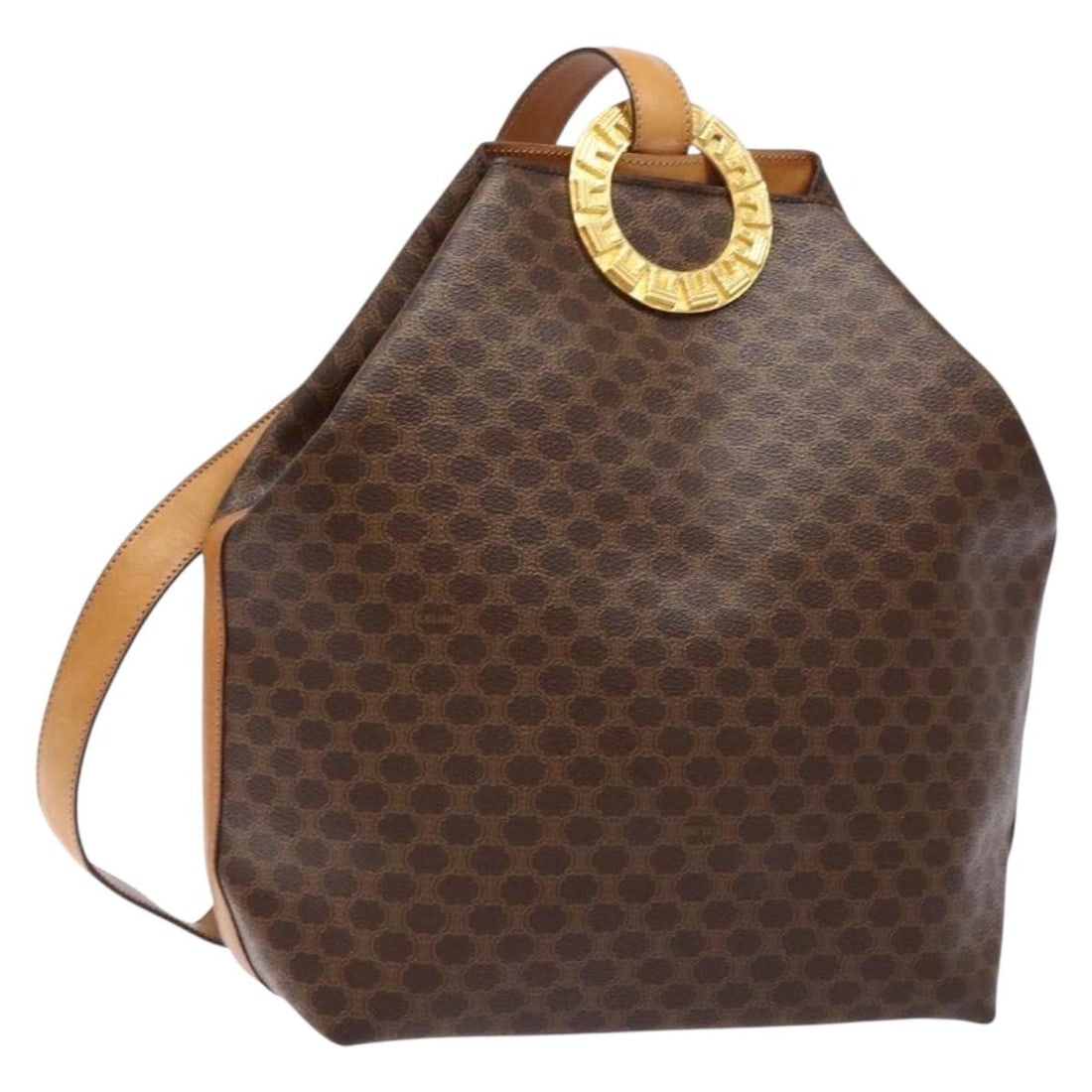 CELINE Macadam Shoulder Bag Brown PVC Leather Canvas Gold Tone: CELINE Macadam Shoulder Bag Brown PVC Leather Canvas Gold Tone Brown and gold CELINE shoulder bag in PVC leather and Macadam canvas. Made in Italy, this bag features a shoulder strap and a structured 