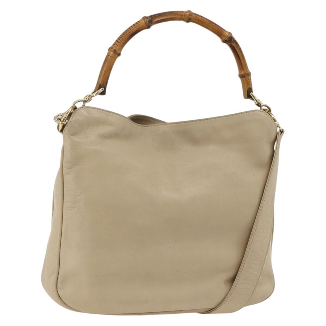 Gucci Bamboo Leather Beige Gold 001 1638 Handbag With Shoulder Strap: Gucci Bamboo Leather Beige Gold 001 1638 Handbag With Shoulder Strap This is a Gucci Bamboo leather handbag in beige and gold tones, designed for women. The bag features a 2-way style with both handle