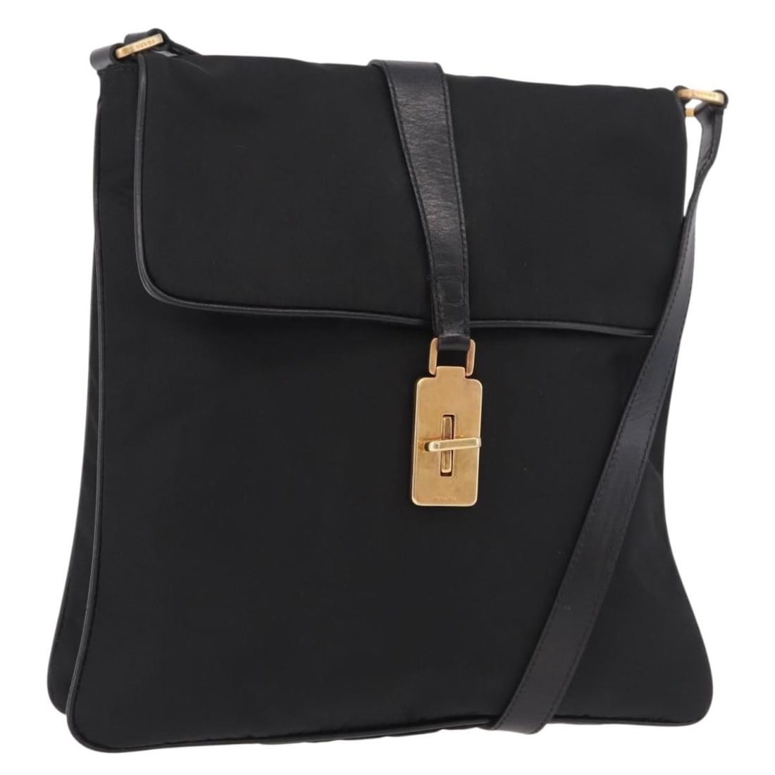 Prada Black Nylon Shoulder Bag Gold Tone Hardware Made in Italy: Prada Black Nylon Shoulder Bag Gold Tone Hardware Made in Italy Black Prada shoulder bag in nylon with gold-tone hardware, made in Italy. The bag measures approximately W23 x H24 x D2 cm, with a shoul