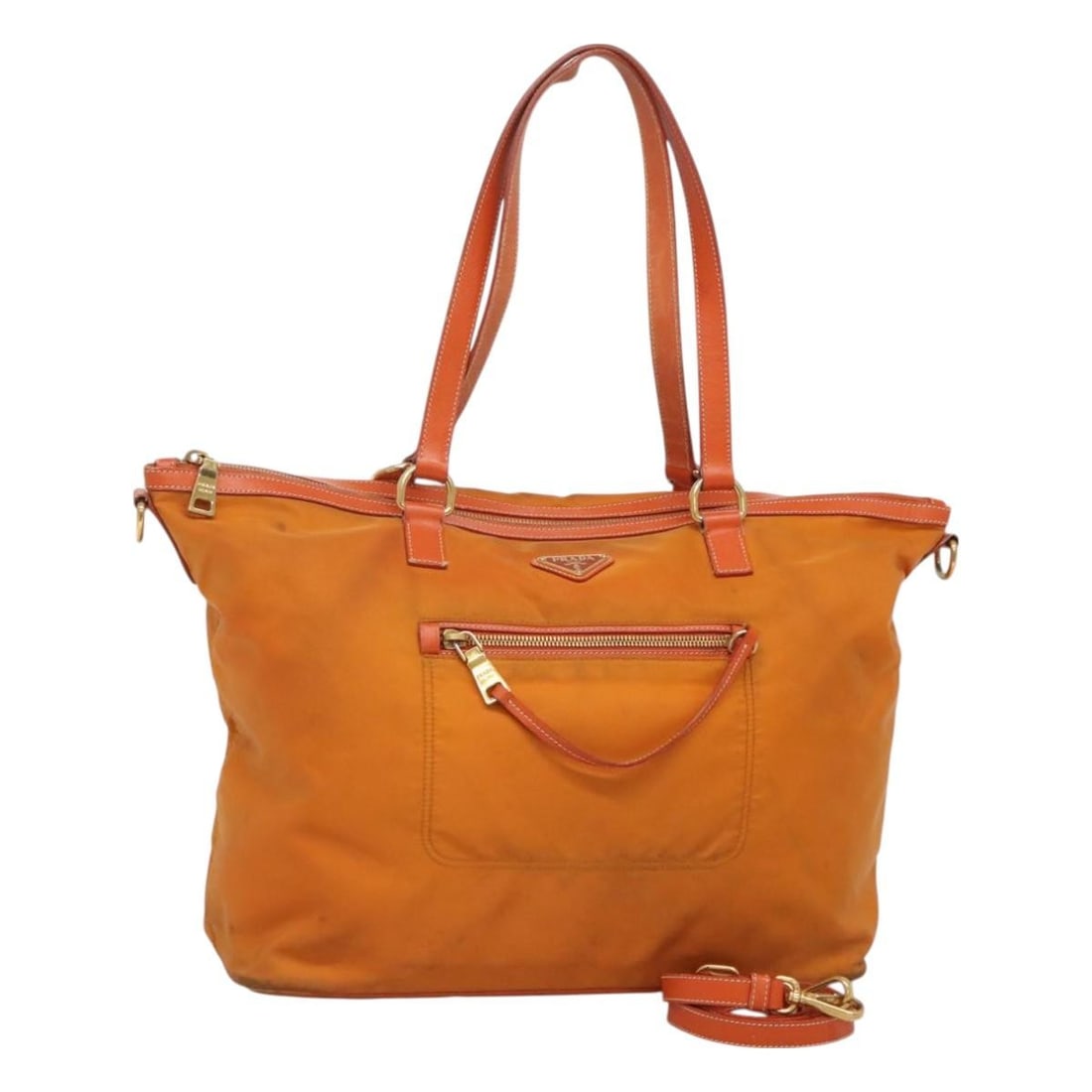 Prada Nylon Orange Gold Tote with Shoulder Strap: Prada Nylon Orange Gold Tote with Shoulder Strap This PRADA tote bag features a 2-way design crafted from durable nylon in a vibrant orange and gold color scheme. Designed for versatility, it includes