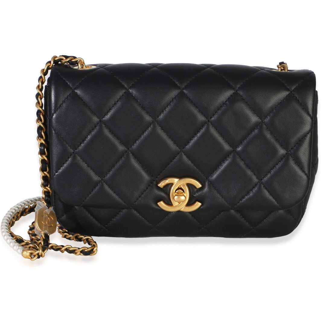 Chanel Pearly Chain Flap Mini Shoulder Bag Black Quilted Lambskin: Chanel Pearly Chain Flap Mini Shoulder Bag Black Quilted Lambskin Black quilted lambskin mini flap bag with a shoulder strap and turnlock closure. It includes a dustbag and features leather lining, go