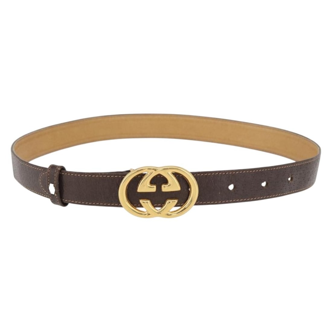 GUCCI Interlocking Leather Womens Belt Brown Gold Tone Italy: GUCCI Interlocking Leather Womens Belt Brown Gold Tone Italy Authentic Gucci Interlocking belt in brown leather with gold-tone accents. This women's belt is made in Italy and shows heavy signs of use,
