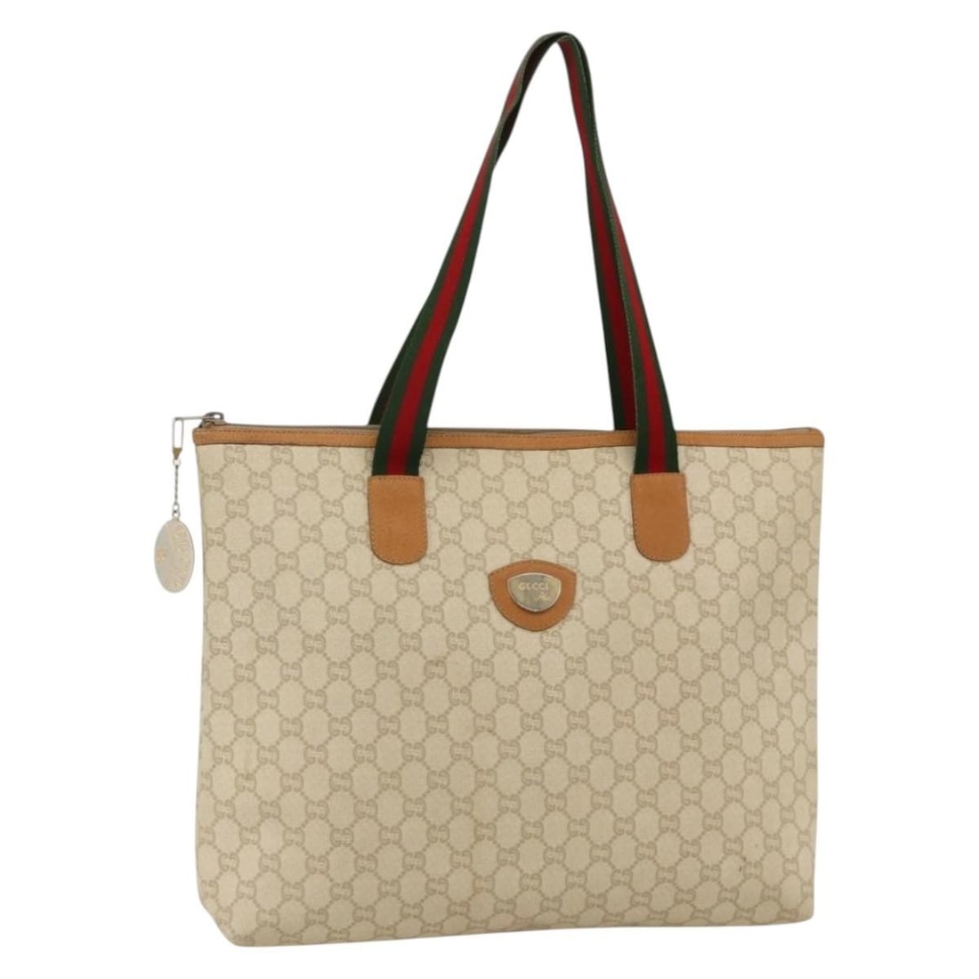 Gucci Sherry Line GG Plus PVC Tote Bag White Red Green: Gucci Sherry Line GG Plus PVC Tote Bag White Red Green This is a Gucci GG Plus Supreme Web Sherry Line tote bag crafted from PVC leather with GG canvas accents. The bag features a white exterior with 