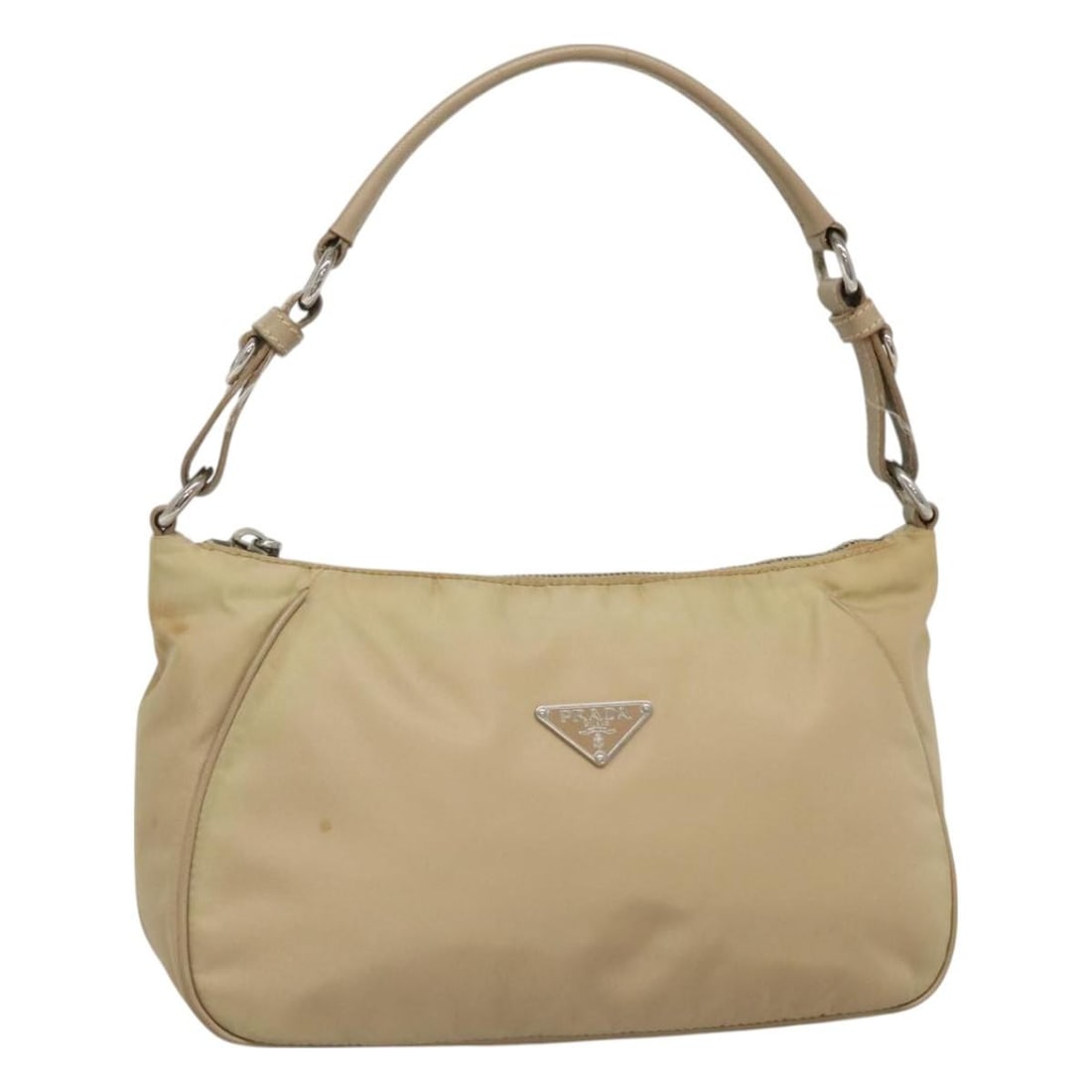 Prada beige silver nylon women hand bag Italy: Prada beige silver nylon women hand bag Italy This PRADA handbag is crafted from beige and silver nylon and features a compact, structured silhouette. Designed for women, it includes a top handle with