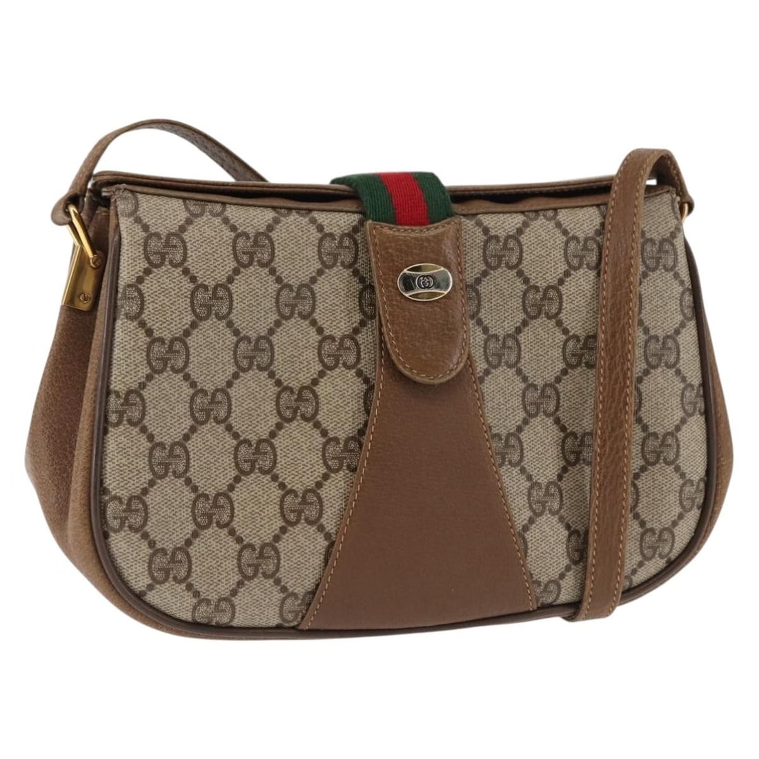 Gucci GG Supreme Beige Gold Shoulder Bag 116 02 024: Gucci GG Supreme Beige Gold Shoulder Bag 116 02 024 This Gucci GG Supreme Web Sherry Line shoulder bag features a beige and gold PVC leather exterior with GG canvas accents. Designed for women, the ba