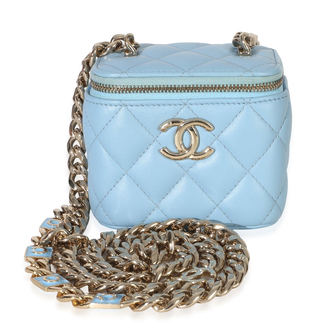 Chanel Coco Chain Mini Vanity Case Blue Quilted Lambskin Bag: Chanel Coco Chain Mini Vanity Case Blue Quilted Lambskin Bag Pre-owned Chanel Coco Chain Mini Vanity Case in blue quilted lambskin with a zip-around closure and gold-tone hardware. This mini shoulder 